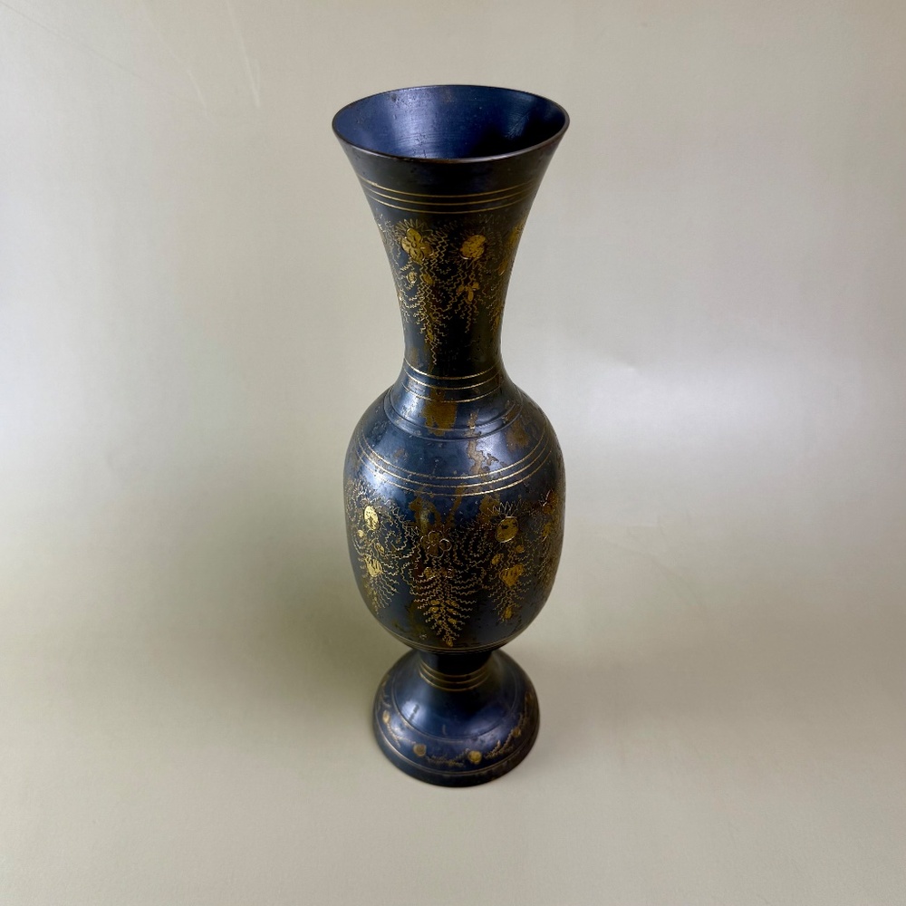 Vintage Brass Vase | Hand-Etched Floral Design | 11.75" Tall - Picture 3 of 10